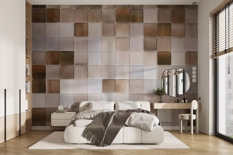 Fototapet Kvadratiska mosaikplattor i nyanser av brunt, beige och vitt med en abstrakt räfflad kornig och bullrig textur w09269