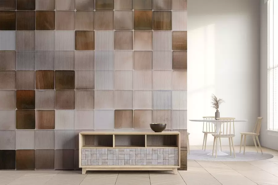 Fototapet Kvadratiska mosaikplattor i nyanser av brunt, beige och vitt med en abstrakt räfflad kornig och bullrig textur w09269