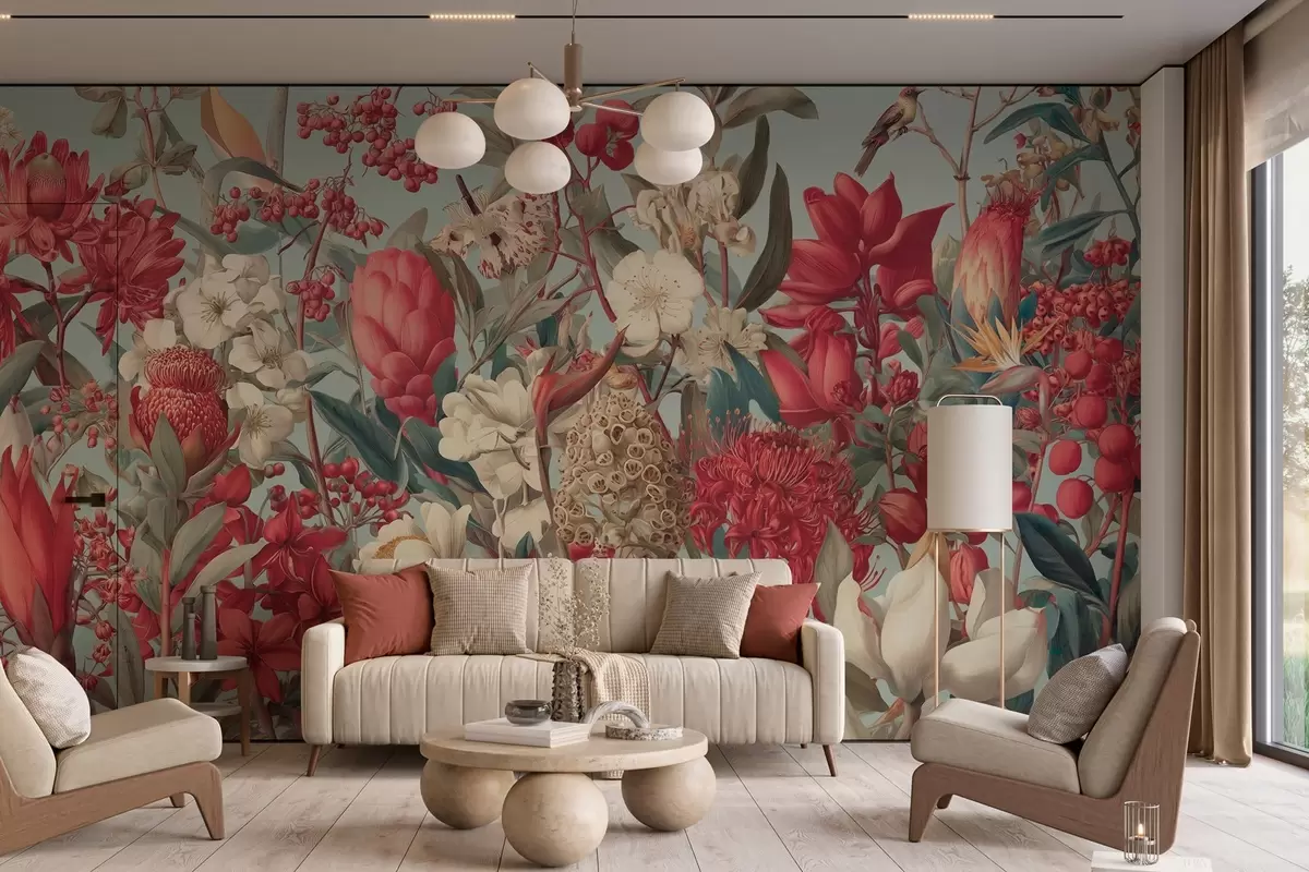 Fototapet texturerade tropiska blommor på en blå bakgrund w04209