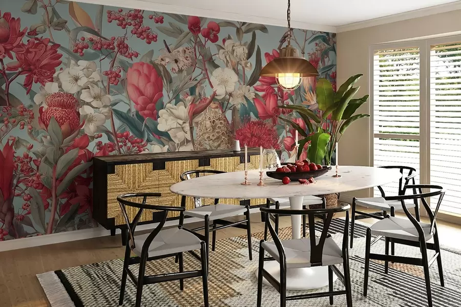 Fototapet texturerade tropiska blommor på en blå bakgrund w04209