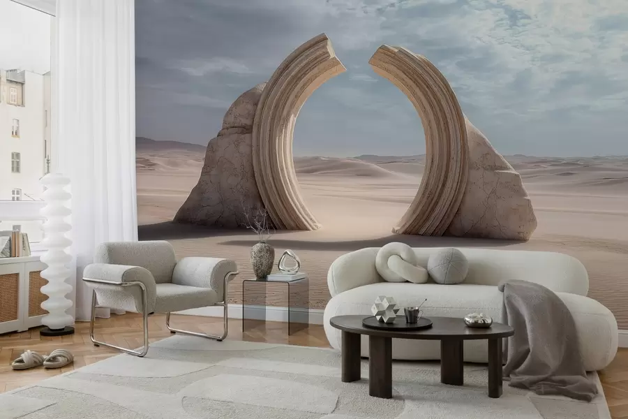 Fototapet surrealistiskt ökenlandskap med en stor arkitektonisk båge w04284