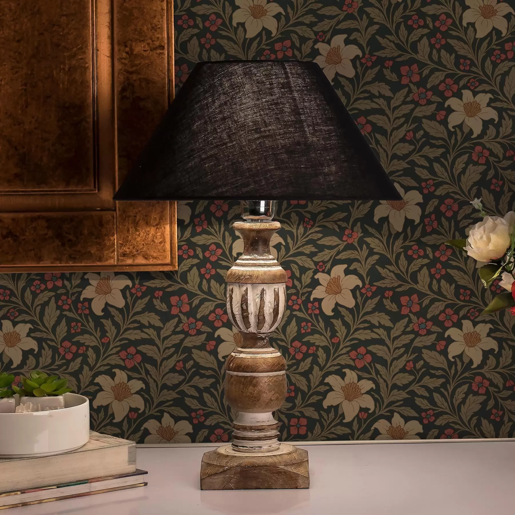 Fototapet Mörk bakgrund med gula och röda blommor i jugendstil a00293