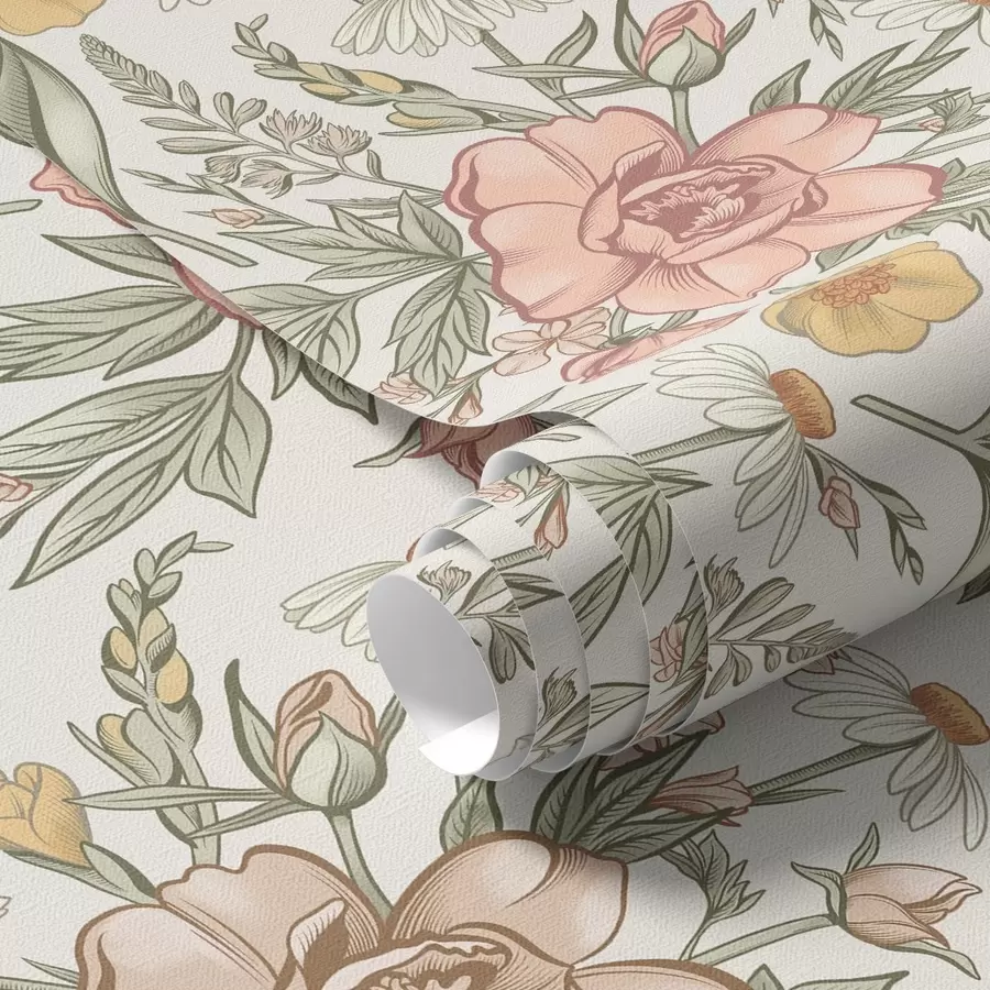 Fototapet Tusenskönor, pioner, liljor och blad i delikata färger a00299