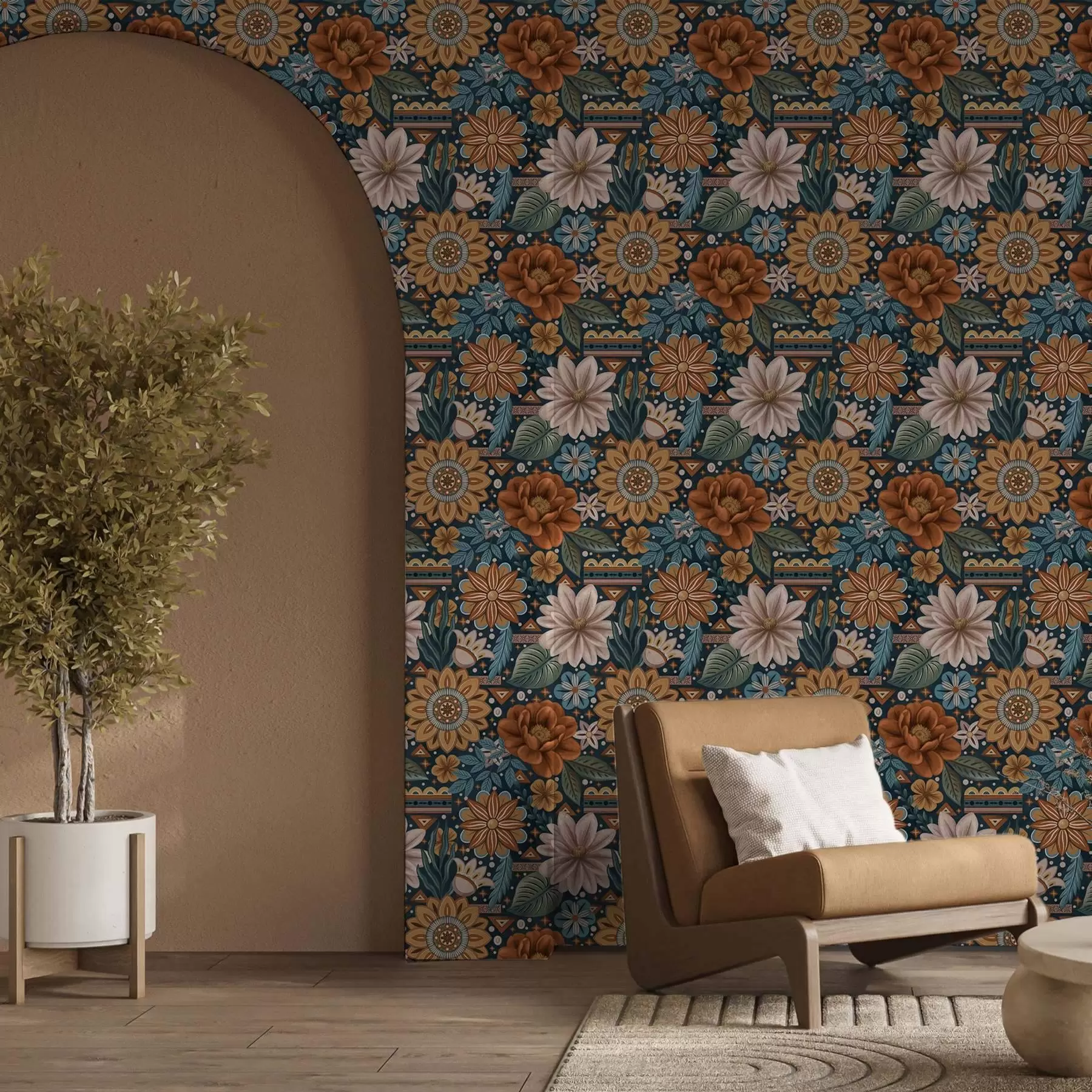 Fototapet Ljusa dekorativa blommor med geometriska element a00305