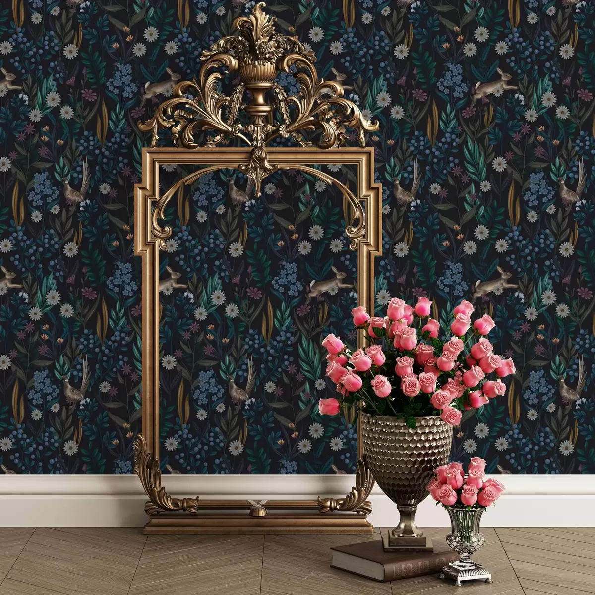 Bakgrund Mörk skog med blommor, hare och en fågel a00310