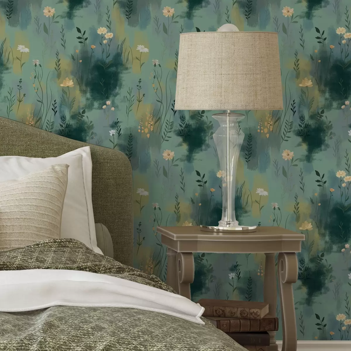 Bakgrund Akvarellabstraktion med blommor på grön bakgrund a00312