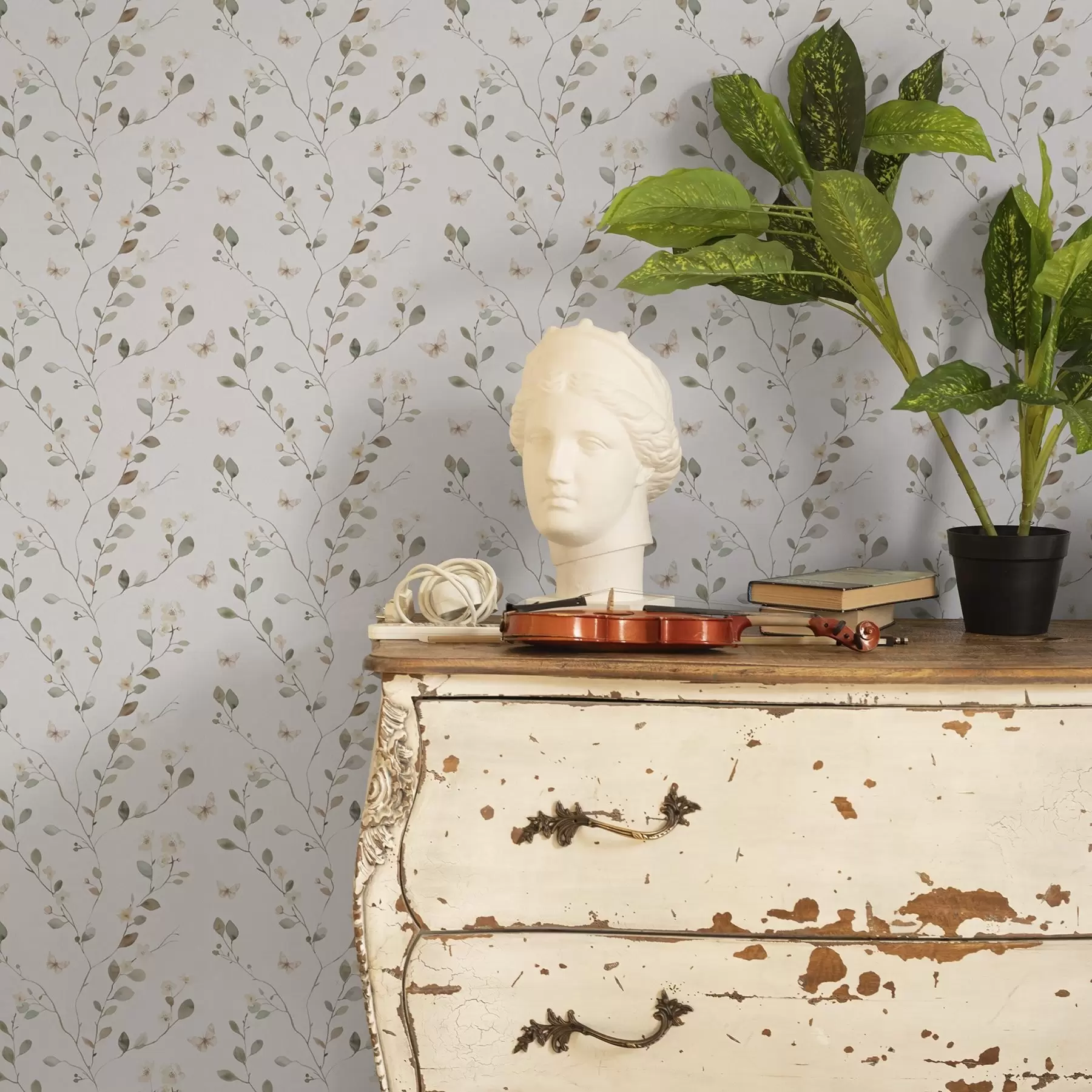 Fototapet Tunna grenar med blommor och fjärilar på vit bakgrund a00342