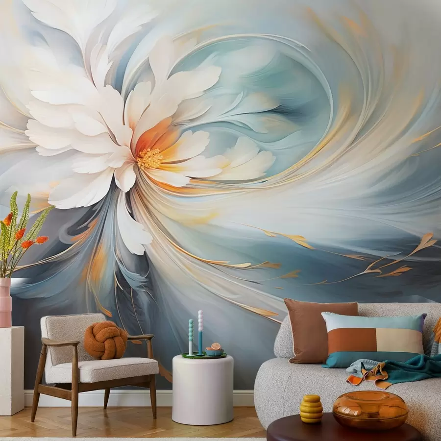 Fototapet Abstrakt blomma i mjuka blå och orange toner w09270