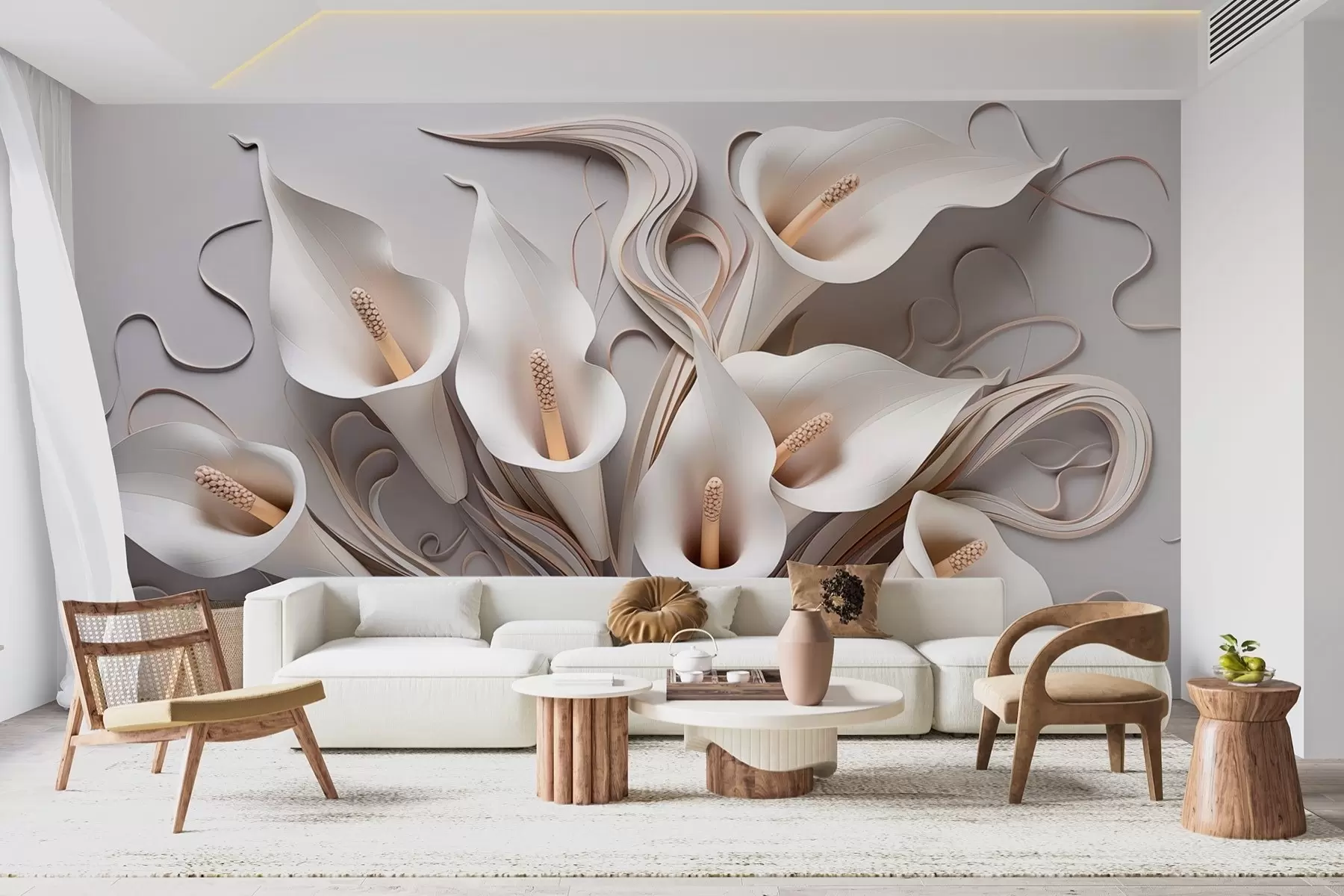 Fototapet Volymetriska callaliljor i krämiga toner med 3D-effekt w09281