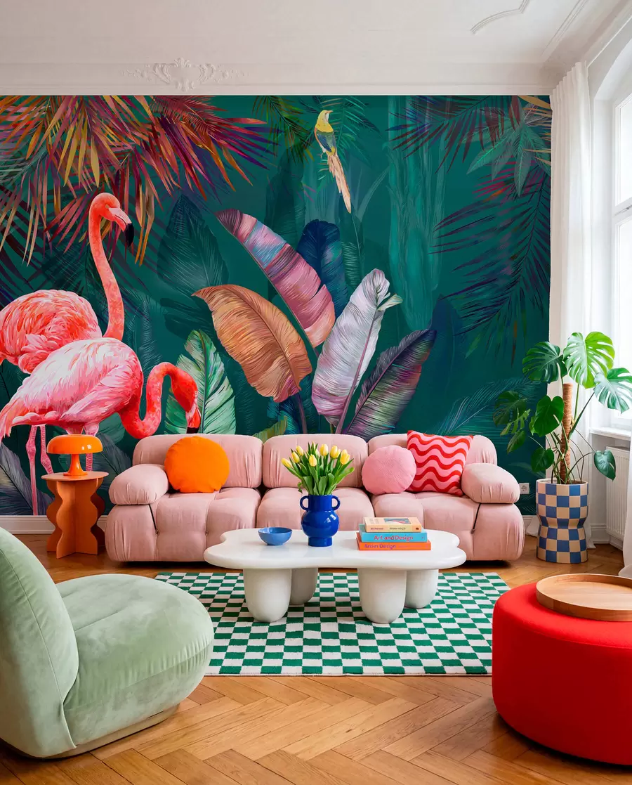 Fototapet Flamingos i de färgade tropikerna u80403