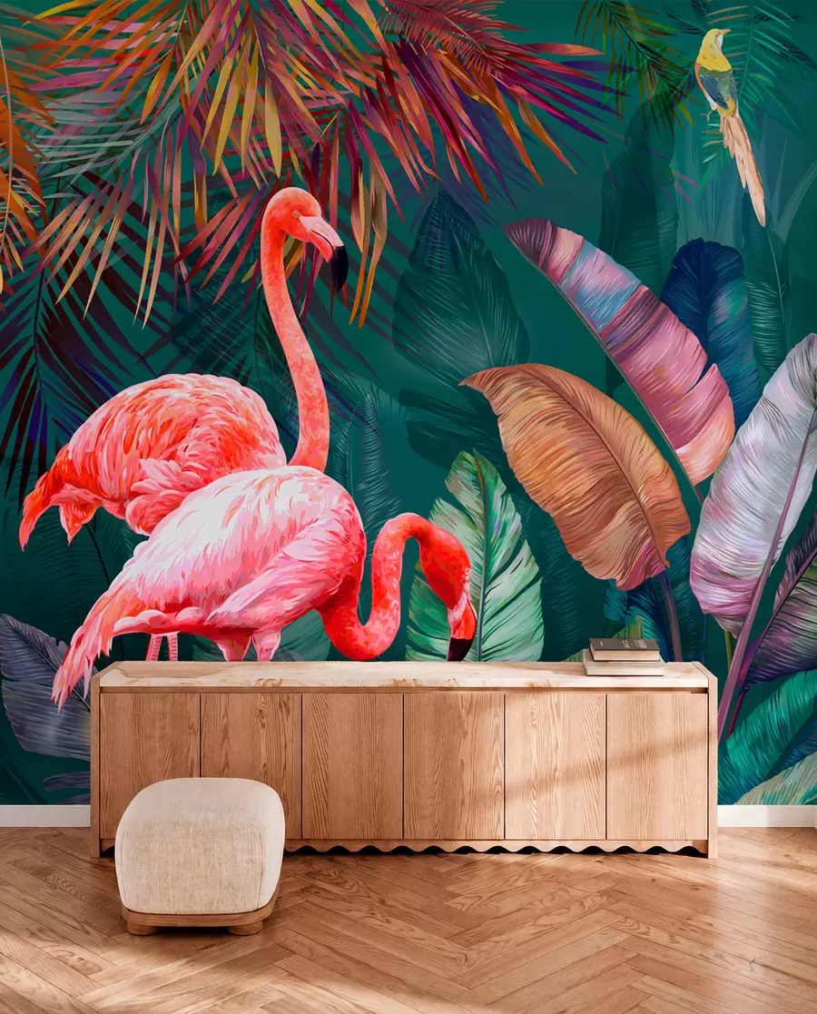 Fototapet Flamingos i de färgade tropikerna u80403