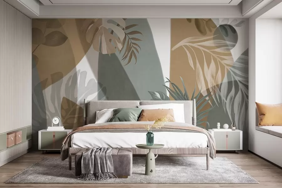 Fototapet Monstera blad och palmblad i ett mönster med bruna, vita och gröna färger, tropisk atmosfär, abstrakta former, dekorativt w09288