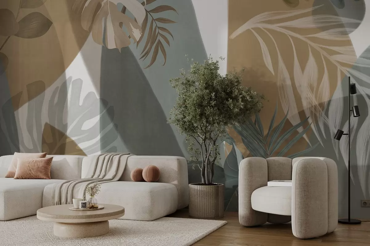 Fototapet Monstera blad och palmblad i ett mönster med bruna, vita och gröna färger, tropisk atmosfär, abstrakta former, dekorativt w09288