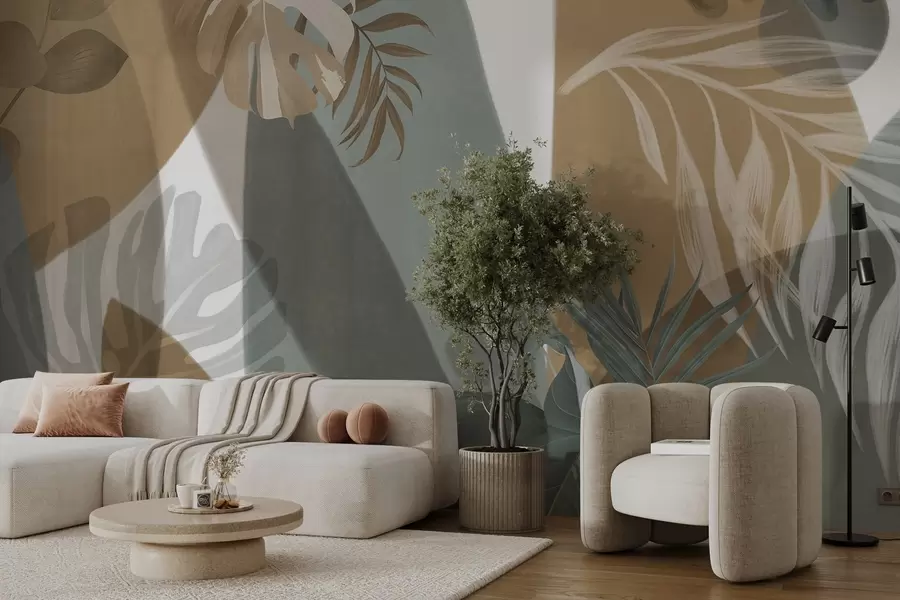 Fototapet Monstera blad och palmblad i ett mönster med bruna, vita och gröna färger, tropisk atmosfär, abstrakta former, dekorativt w09288