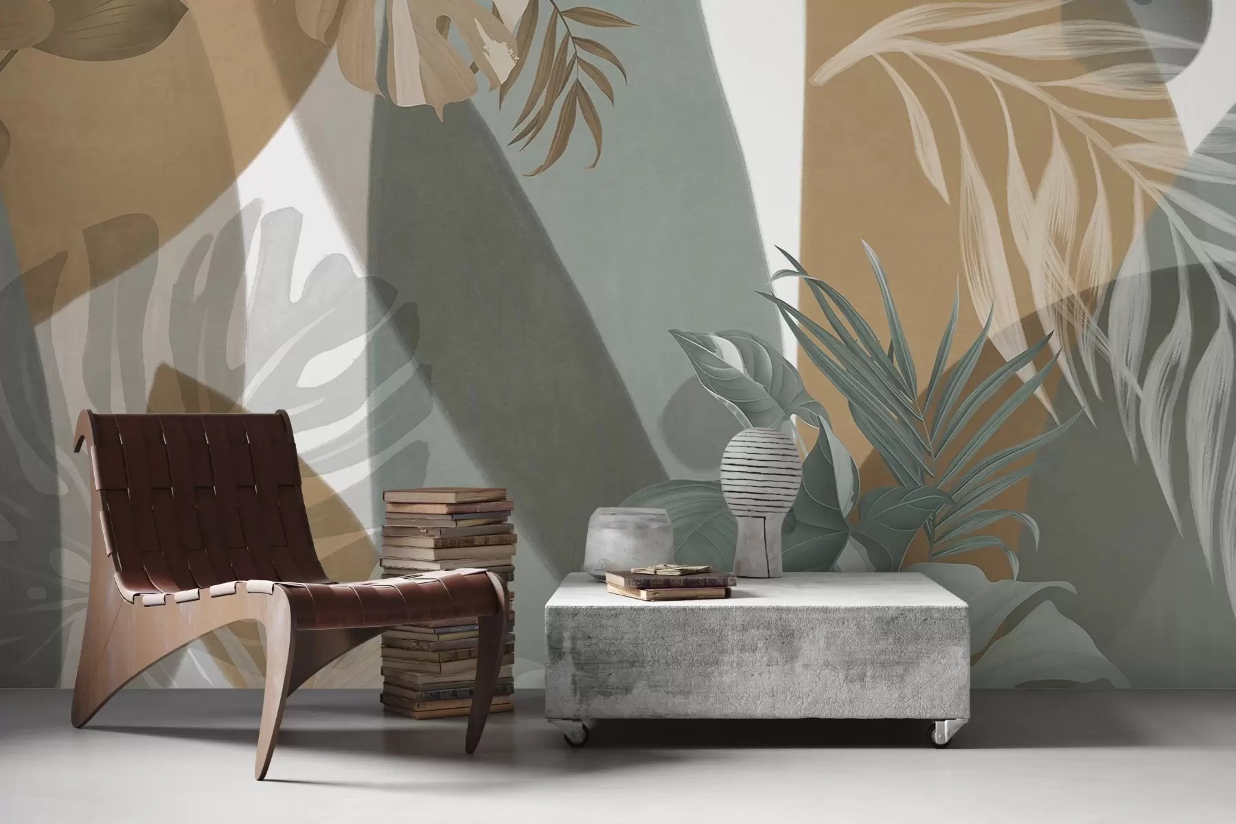 Fototapet Monstera blad och palmblad i ett mönster med bruna, vita och gröna färger, tropisk atmosfär, abstrakta former, dekorativt w09288