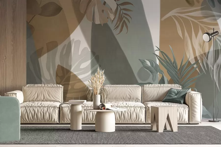 Fototapet Monstera blad och palmblad i ett mönster med bruna, vita och gröna färger, tropisk atmosfär, abstrakta former, dekorativt w09288