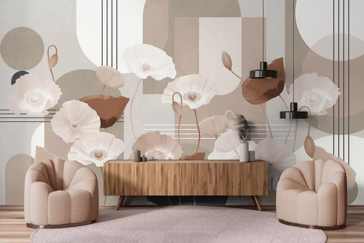 Fototapet Vallmo i vita och beige färger med geometriska former i bakgrunden, cirklar och bågar, minimalistisk stil, mjuka färger w09289