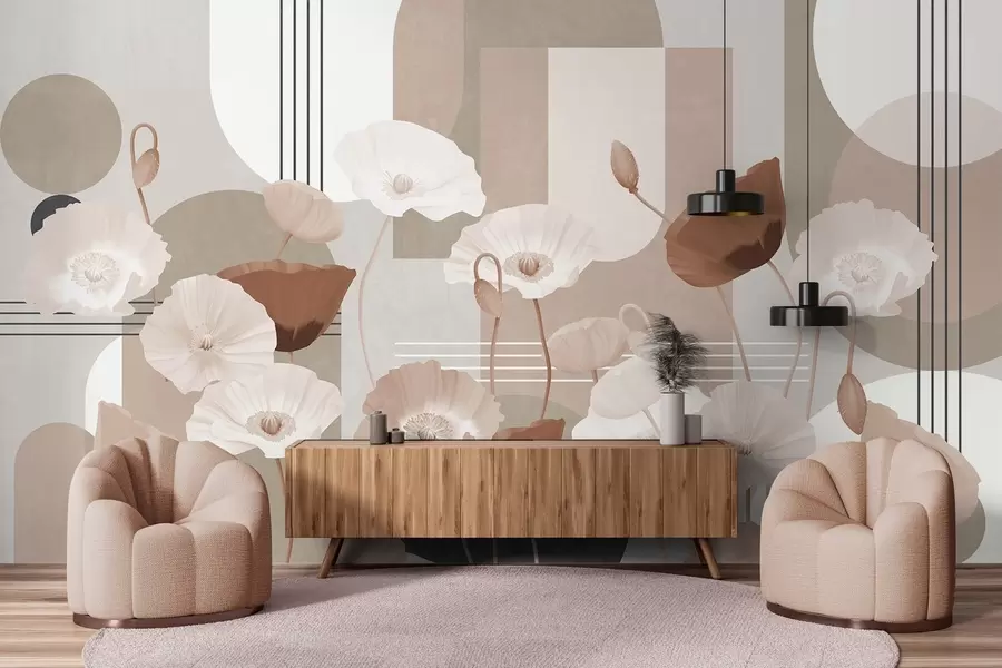 Fototapet Vallmo i vita och beige färger med geometriska former i bakgrunden, cirklar och bågar, minimalistisk stil, mjuka färger w09289