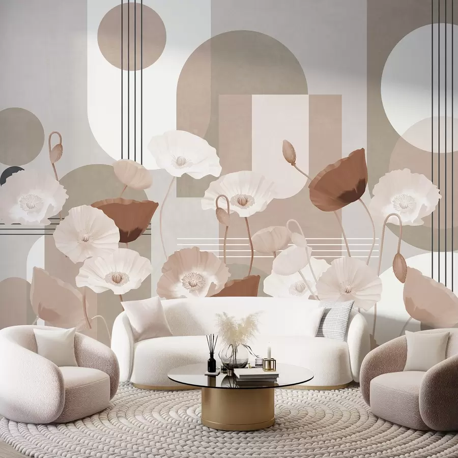 Fototapet Vallmo i vita och beige färger med geometriska former i bakgrunden, cirklar och bågar, minimalistisk stil, mjuka färger w09289