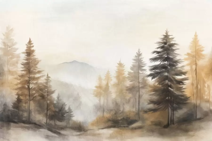 Fototapet Texturerad höstskog med höga tallar och berg i bakgrunden, färgerna är dämpade och jordnära målningsstil w09290