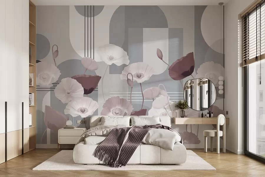 Fototapet Vallmo i vita och grå färger med geometriska former i bakgrunden, cirklar och bågar, minimalistisk stil, mjuka färger w09289v1