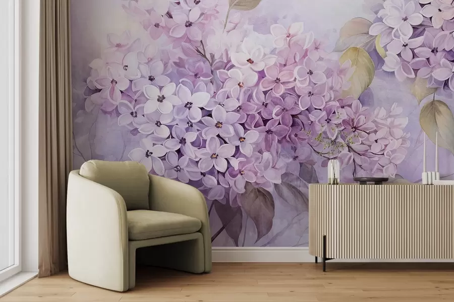 Fototapet Lila texturerade blommor med ljuslila kronblad, ljusgröna blad, akvarellstil, mjuka pastellfärger, fina penseldrag w09291