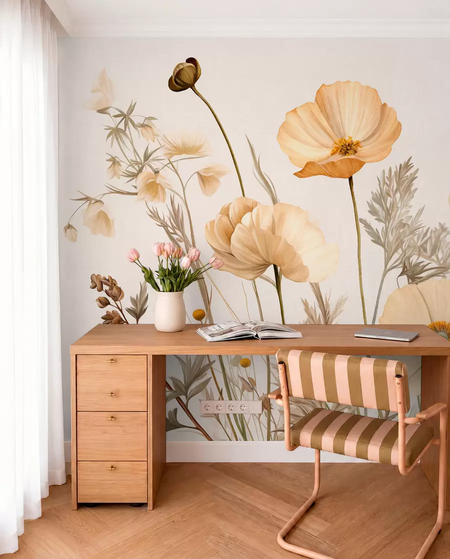 Fototapet Orange och vit vintage texturerad vallmo med tunna stjälkar och blad, ljus beige bakgrund, akvarellstil w09293