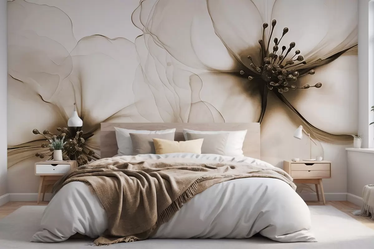 Fototapet Två genomskinliga, texturerade bruna blommor med synliga ståndare, överlappande skira kronblad och en mjukt flödande textur w09295