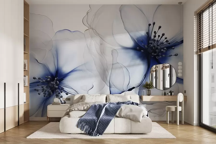Fototapet Två genomskinliga blå blommor med synlig ståndare, överlappande kronblad och en mjukt flödande textur w09295v1
