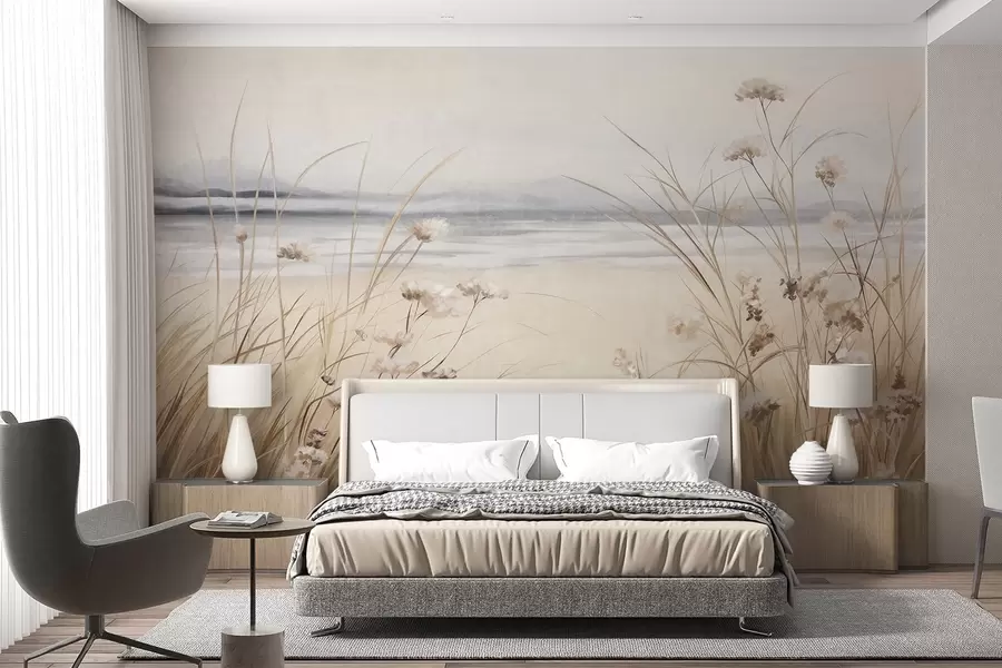 Fototapet Ett vetefält med vita blommor i förgrunden, en strand och havet i bakgrunden, neutrala pastellfärger i dämpade färger w09298