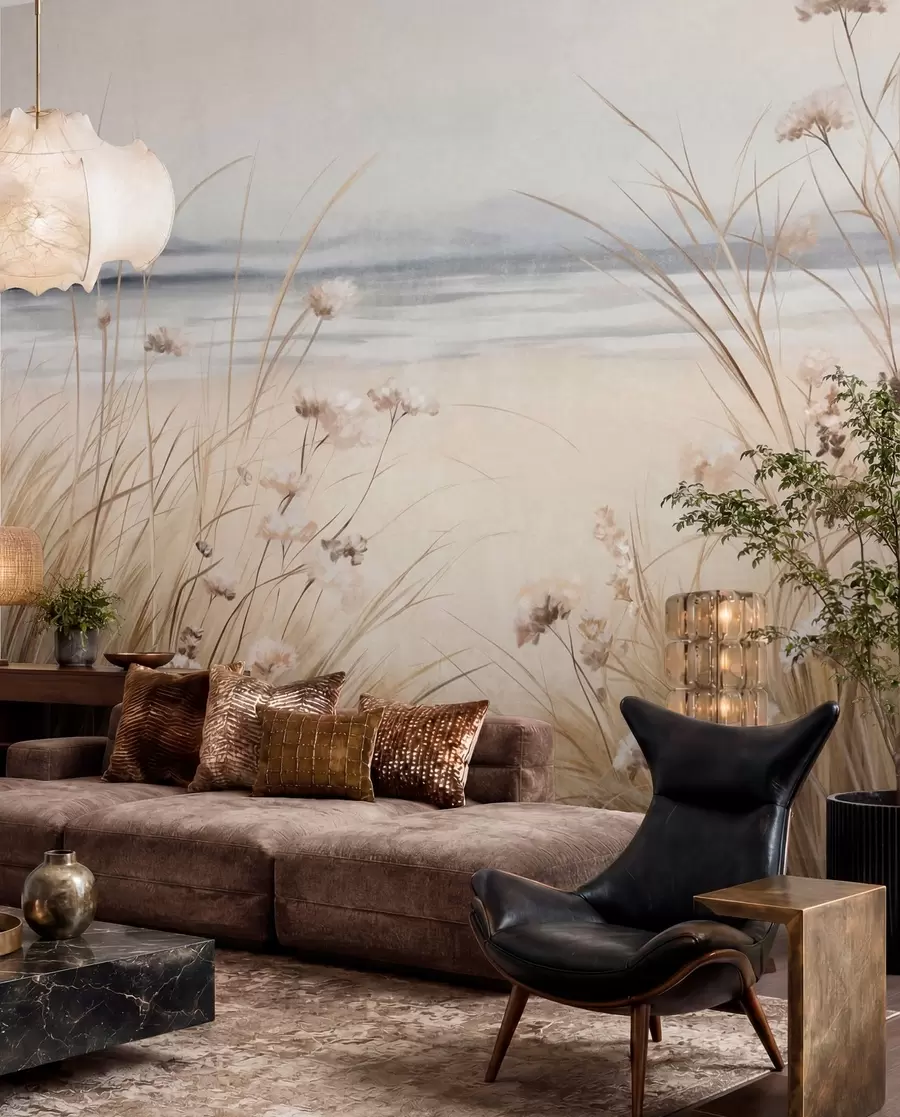 Fototapet Ett vetefält med vita blommor i förgrunden, en strand och havet i bakgrunden, neutrala pastellfärger i dämpade färger w09298