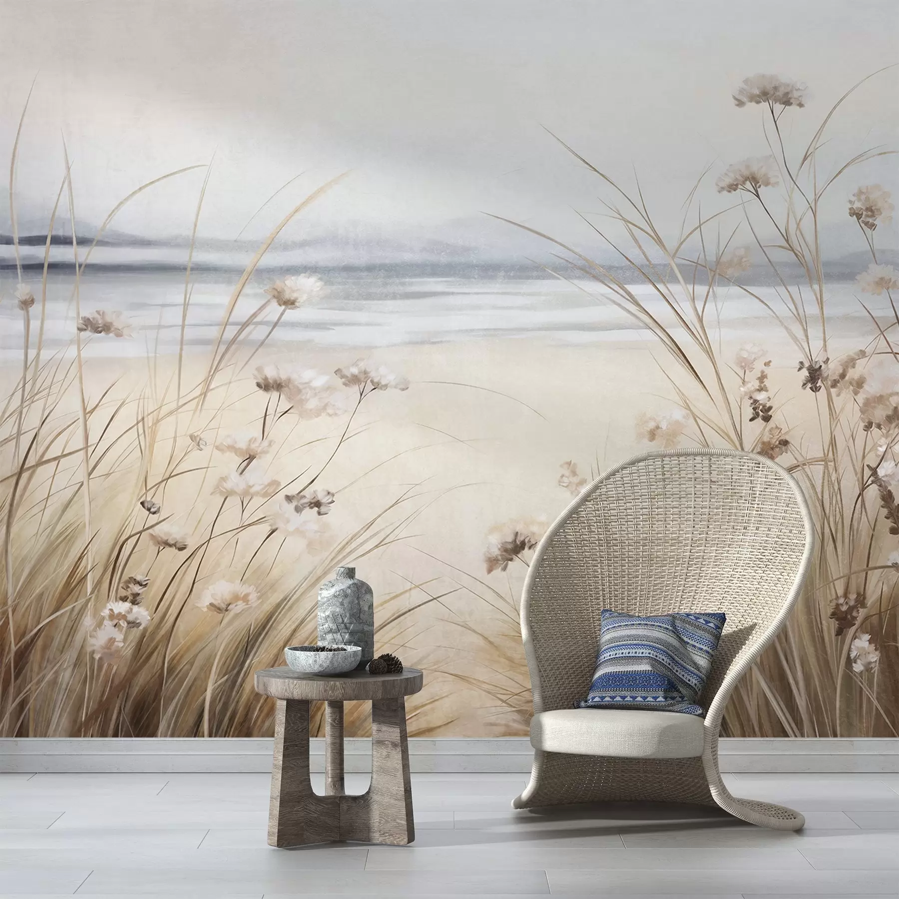 Fototapet Ett vetefält med vita blommor i förgrunden, en strand och havet i bakgrunden, neutrala pastellfärger i dämpade färger w09298