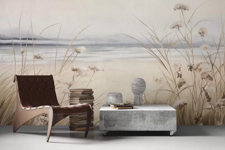 Fototapet Ett vetefält med vita blommor i förgrunden, en strand och havet i bakgrunden, neutrala pastellfärger i dämpade färger w09298