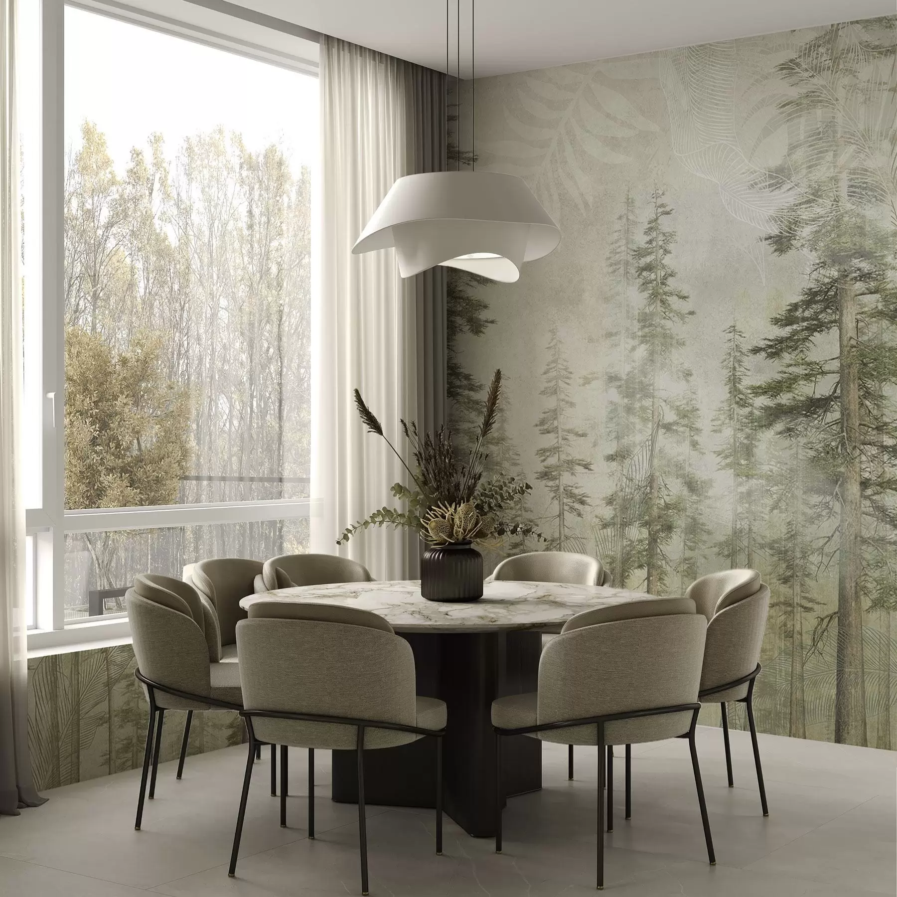 Fototapet Tallskog med vintagepappersstruktur och fina mönster w04342