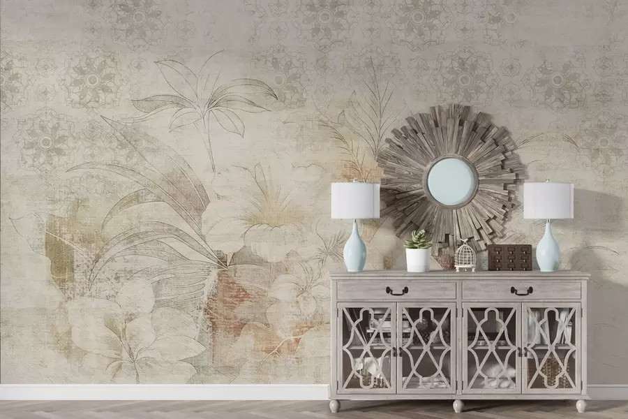 Fototapet Blommor och blad på texturerad bakgrund med ornament w04343