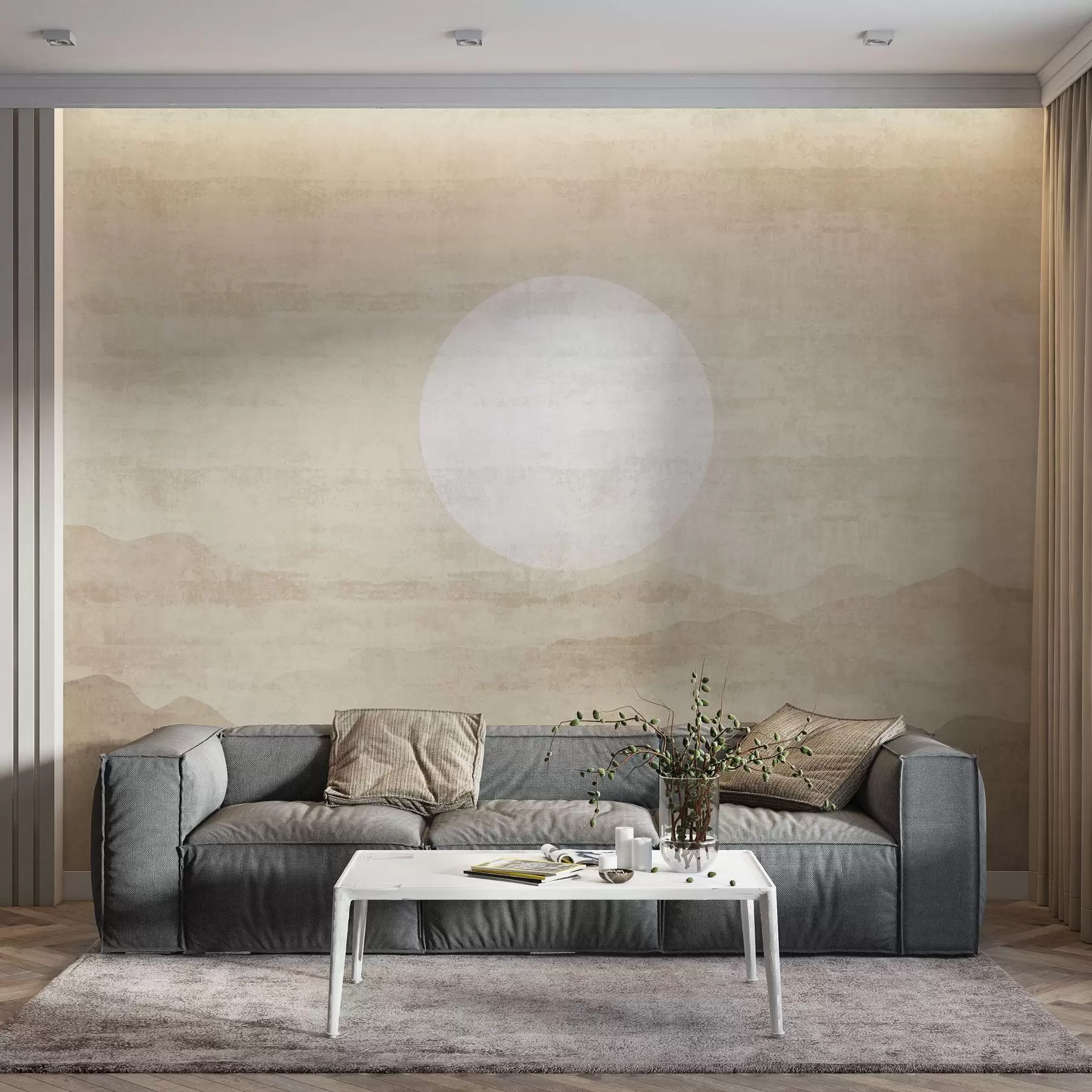 Fototapet Minimalistiskt bergslandskap med stor vit sol w04345