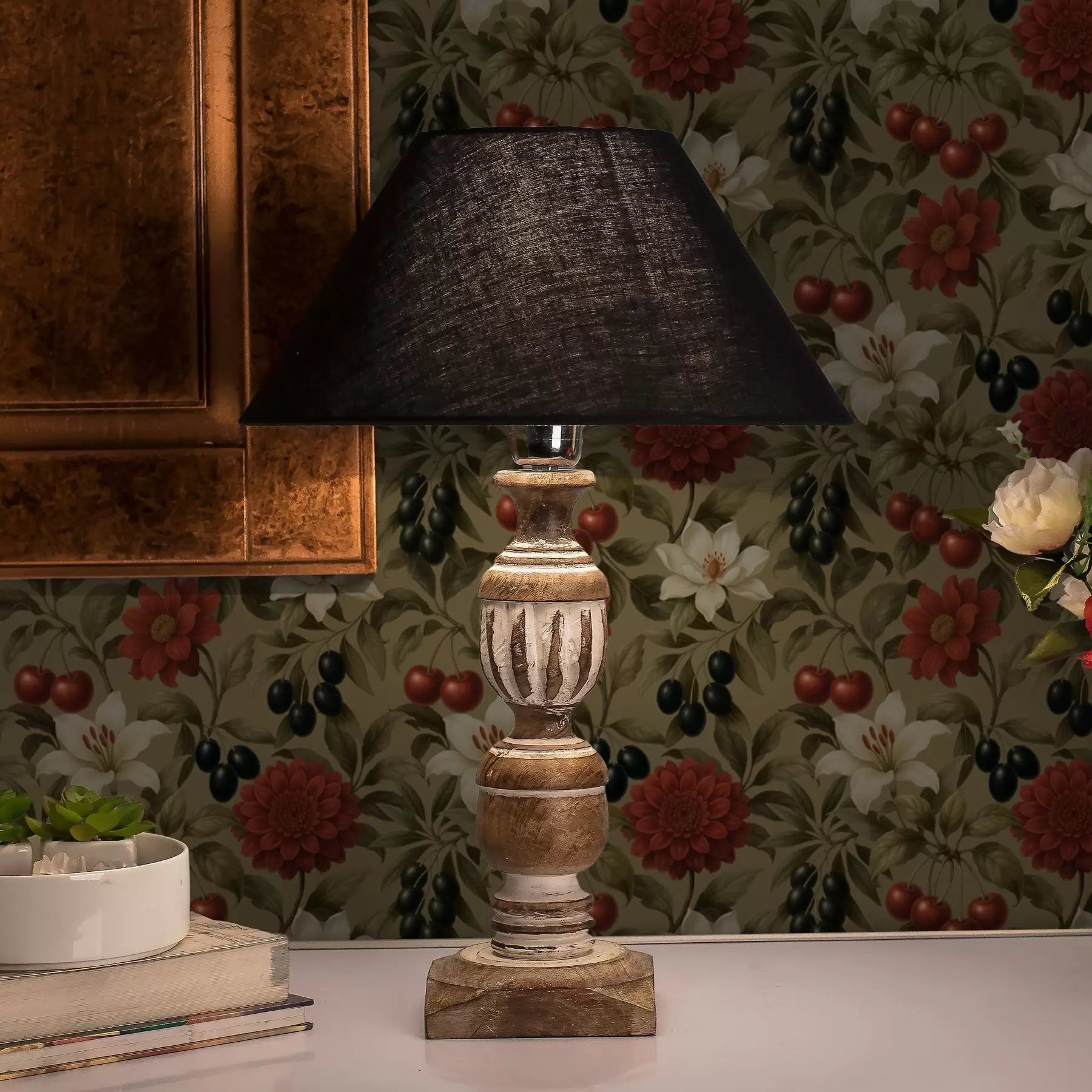Fototapet Körsbär, blommor och svarta oliver a00384