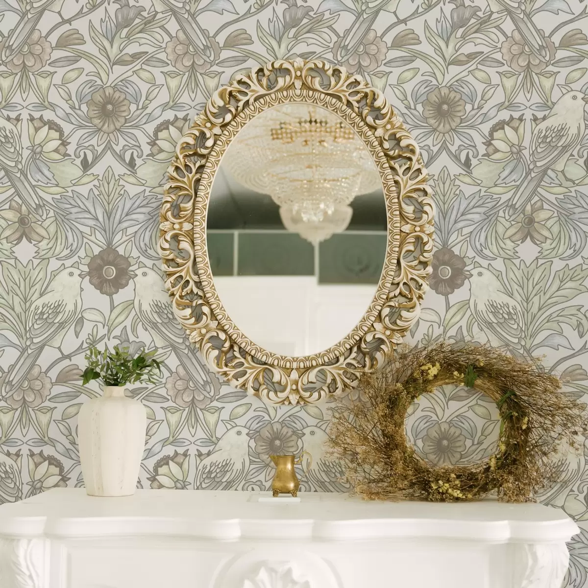 Bakgrund Fåglar i jugendstil och stiliserade blommor i pastell a00385