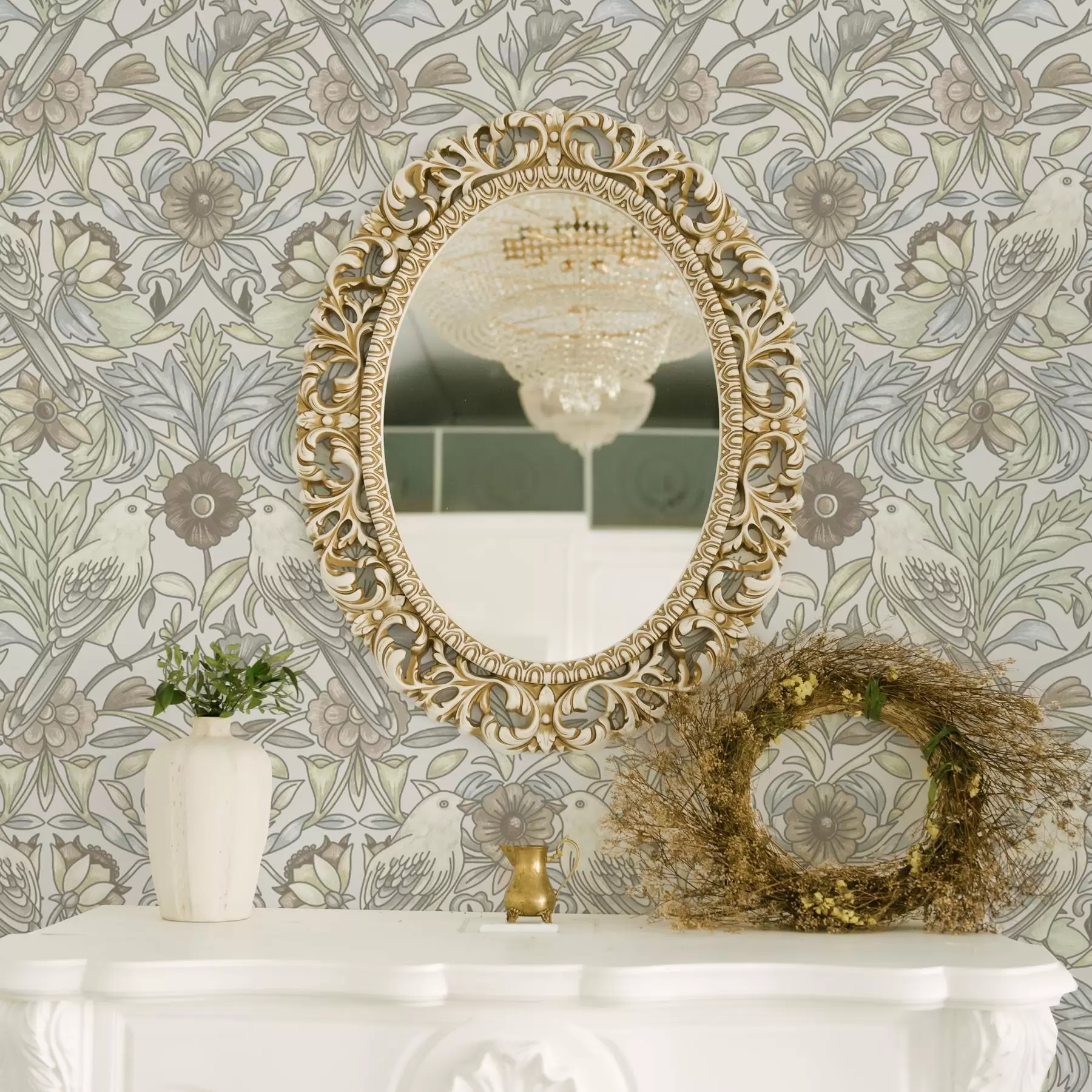 Fototapet Fåglar i jugendstil och stiliserade blommor i pastell a00385