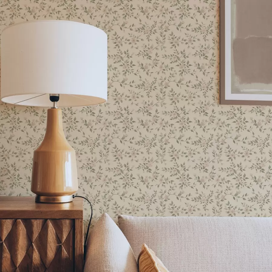 Fototapet Fina pastellfärgade blomgrenar på beige bakgrund a00390