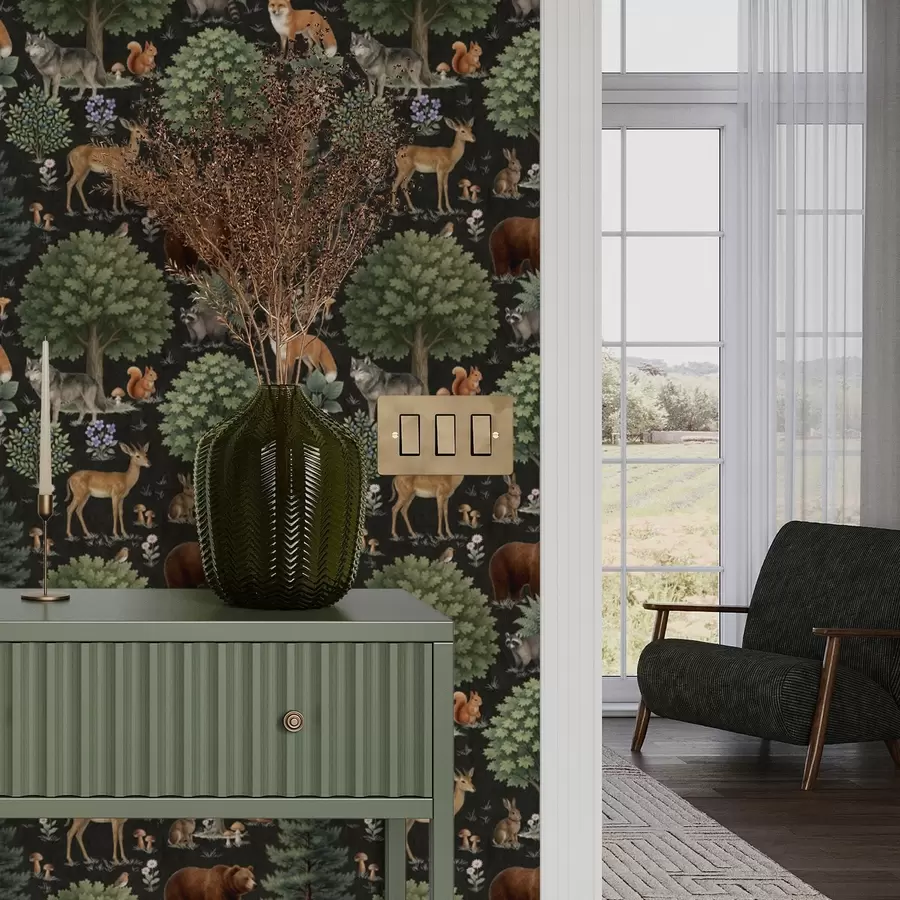 Fototapet Skogsdjur i akvarell med träd och svampar a00391