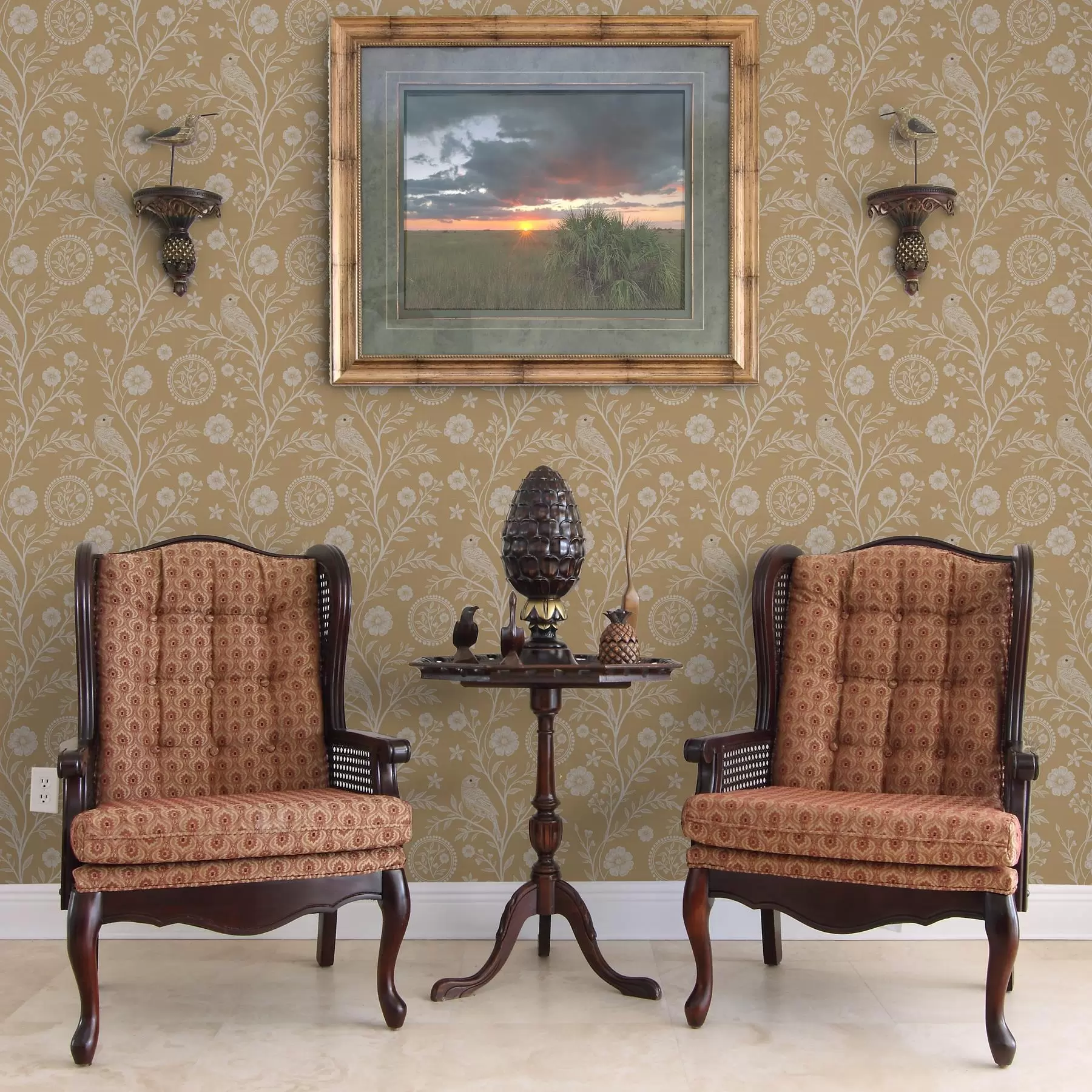 Fototapet Delikat skiss av en vit fågel och blomma vit fågel och blomma på ockrafärgad bakgrund a00393