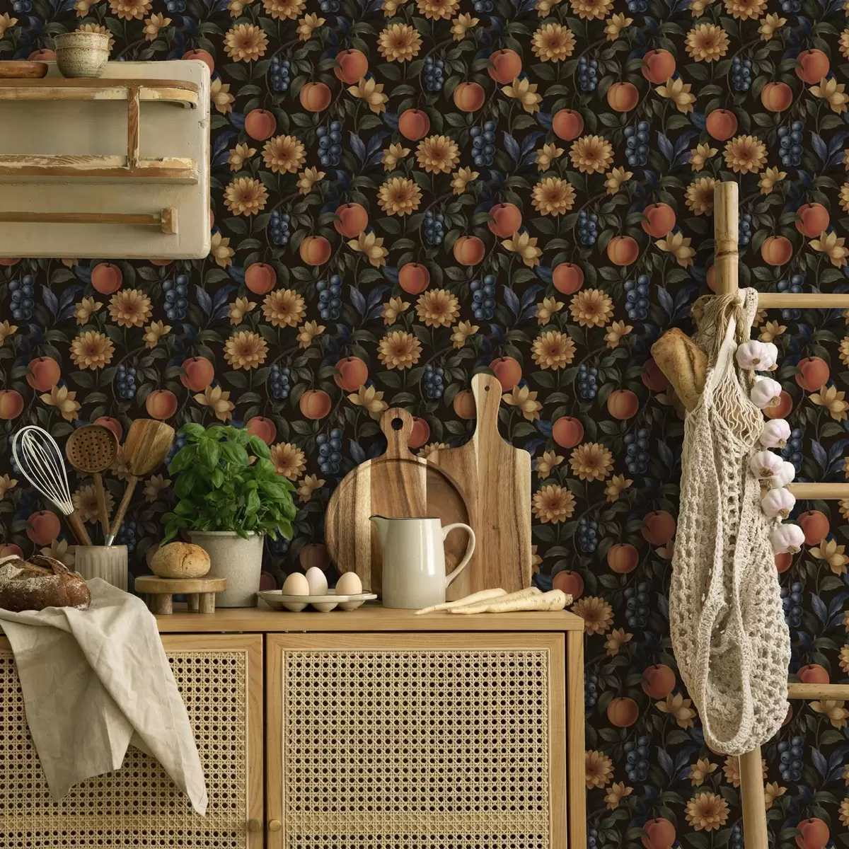 Bakgrund Frukter och gula blommor på mörk botanisk bakgrund a00395