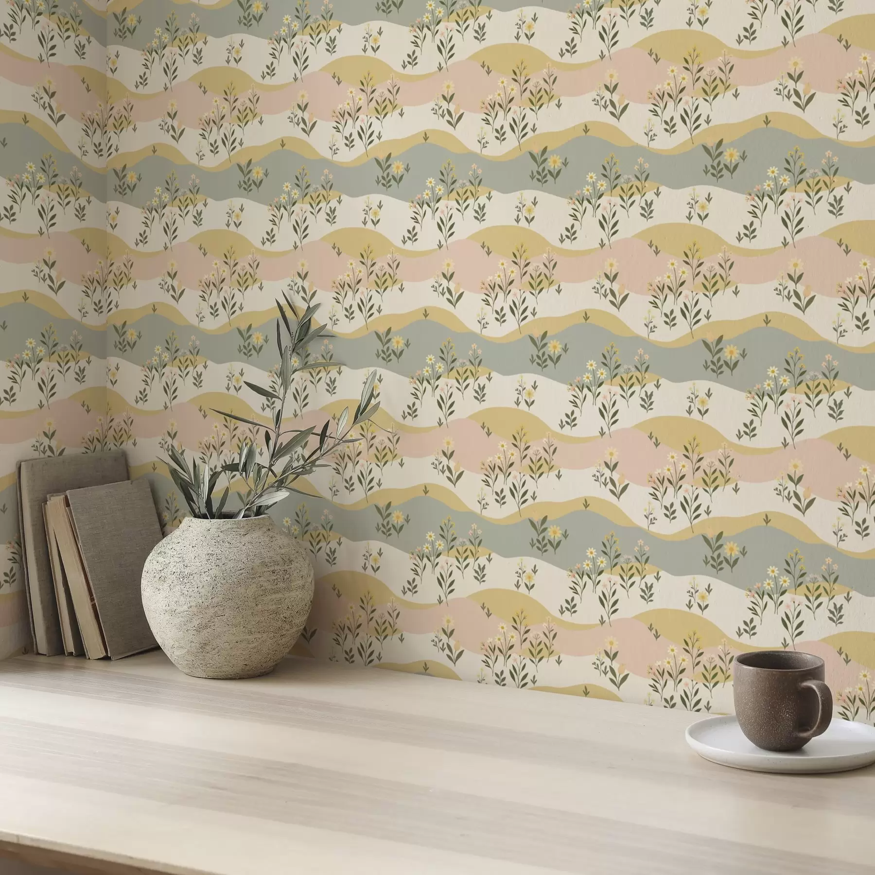 Fototapet Vågiga ängsblommor i pastellig minimalistisk stil a00396
