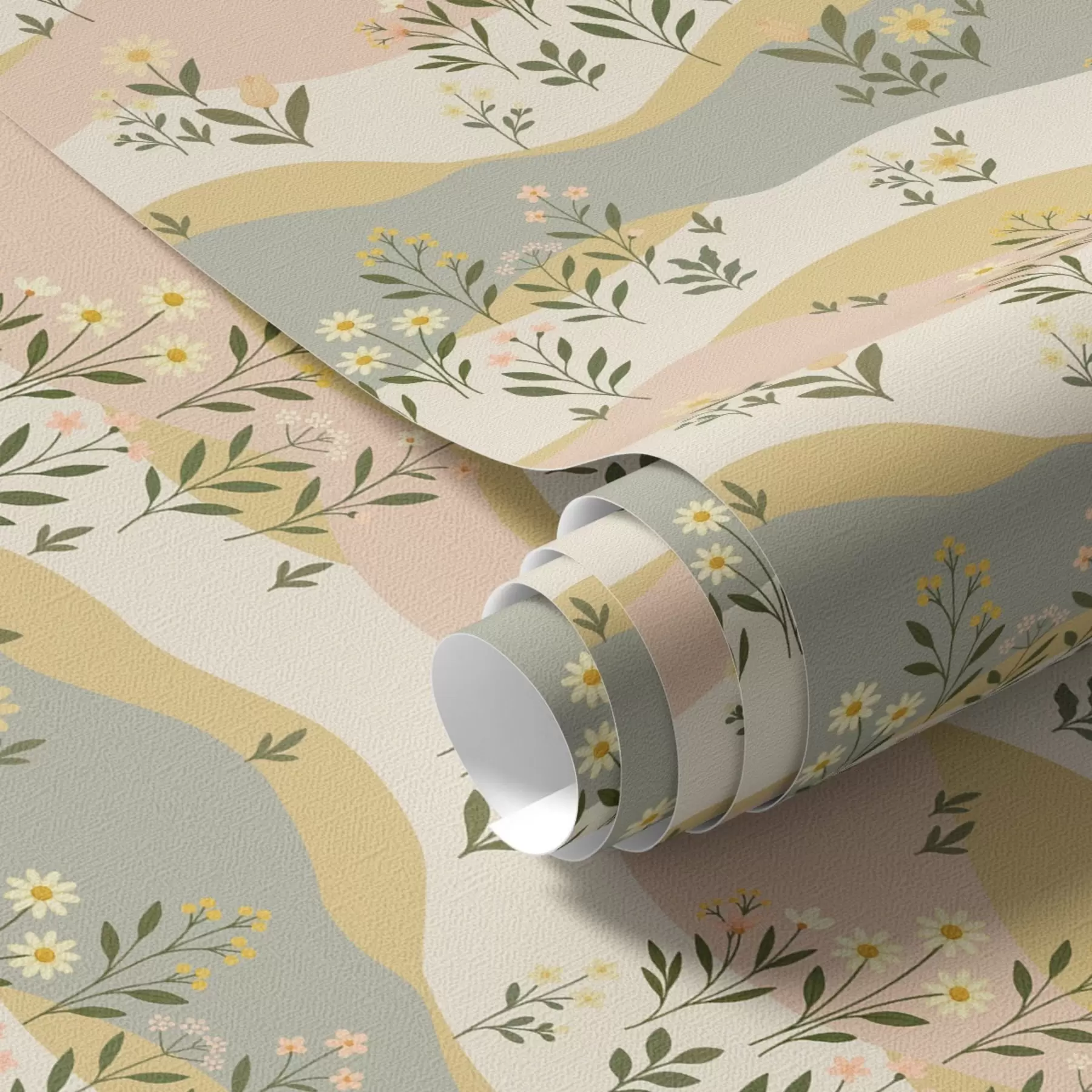 Fototapet Vågiga ängsblommor i pastellig minimalistisk stil a00396