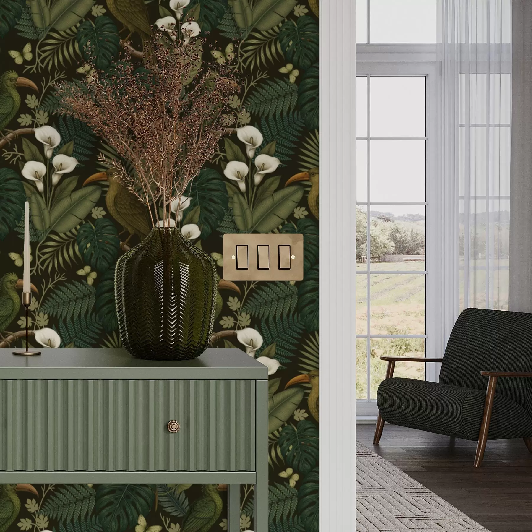 Fototapet Tropiska fåglar och frodig grönska på mörk djungelbakgrund a00397