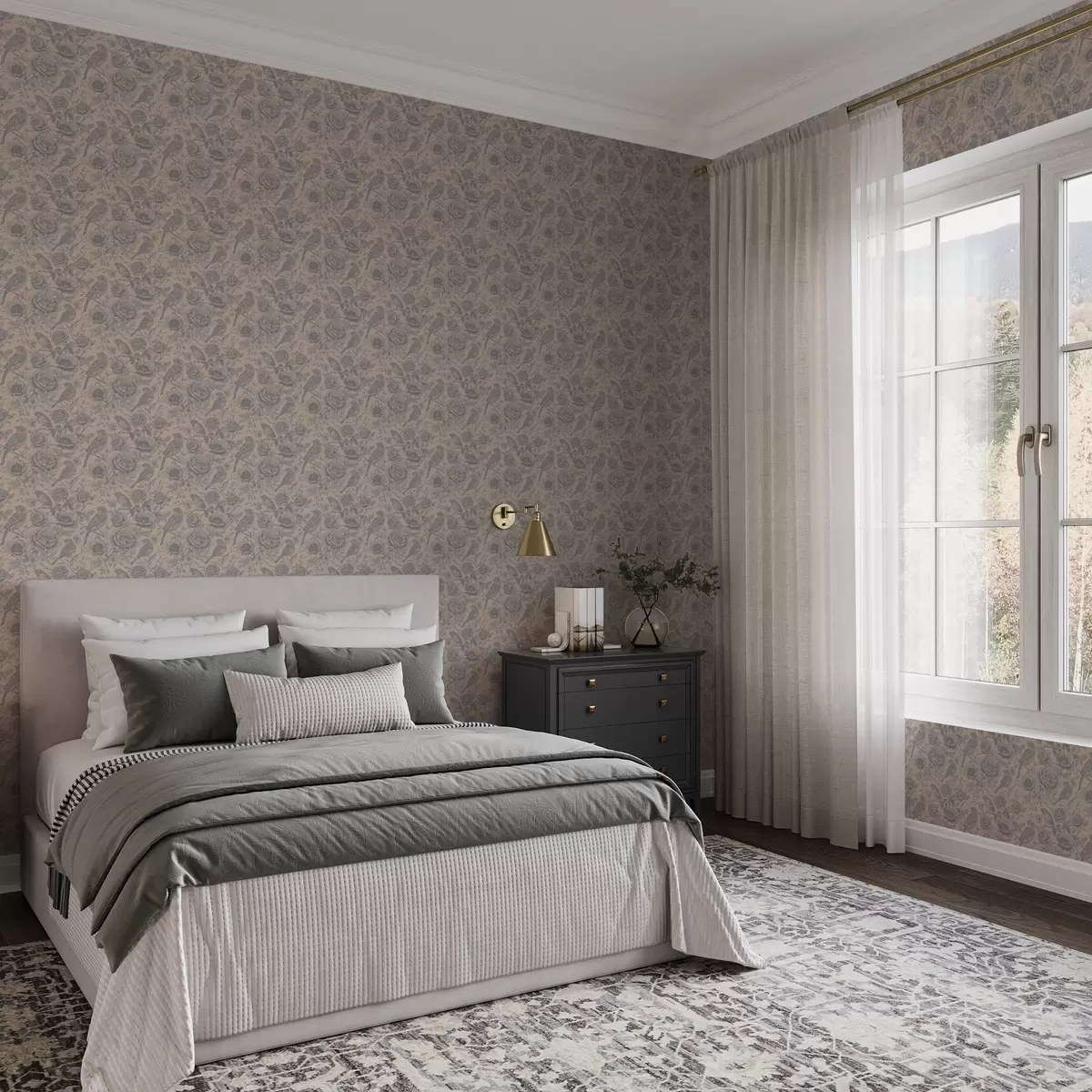 Bakgrund Vintagefåglar och blommor på en mjuk beige bakgrund a00423