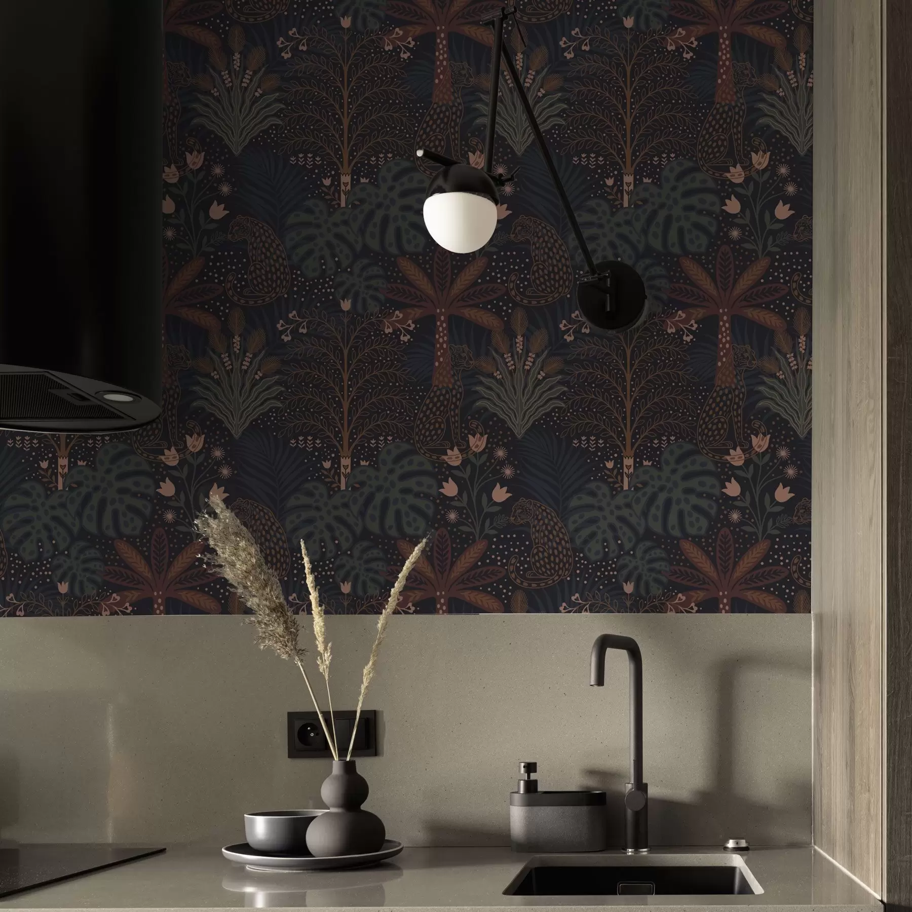 Fototapet Mörk djungel med leoparder palmer och blommor a00424