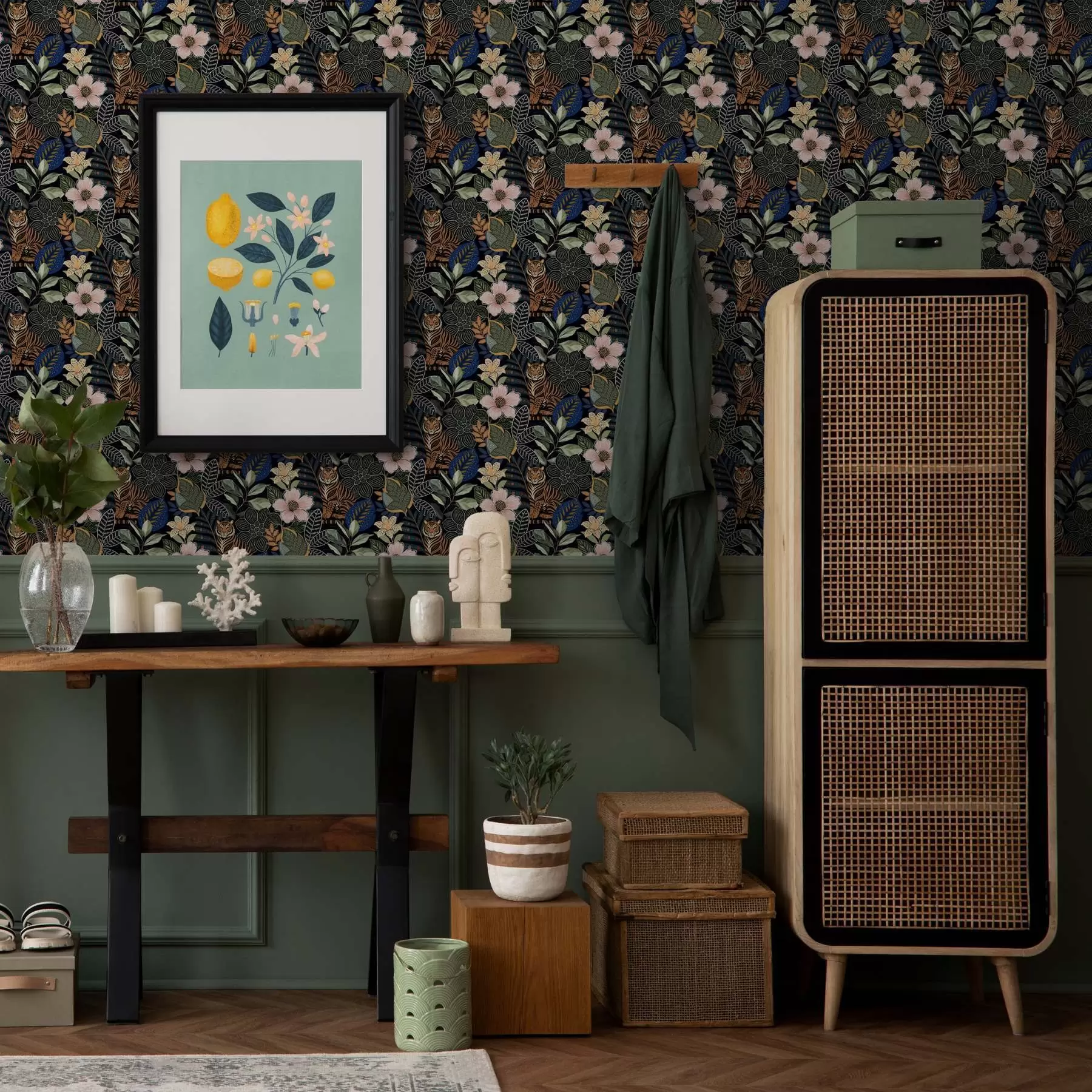 Fototapet Tigrar bland ljusa tropiska blommor och blad a00426