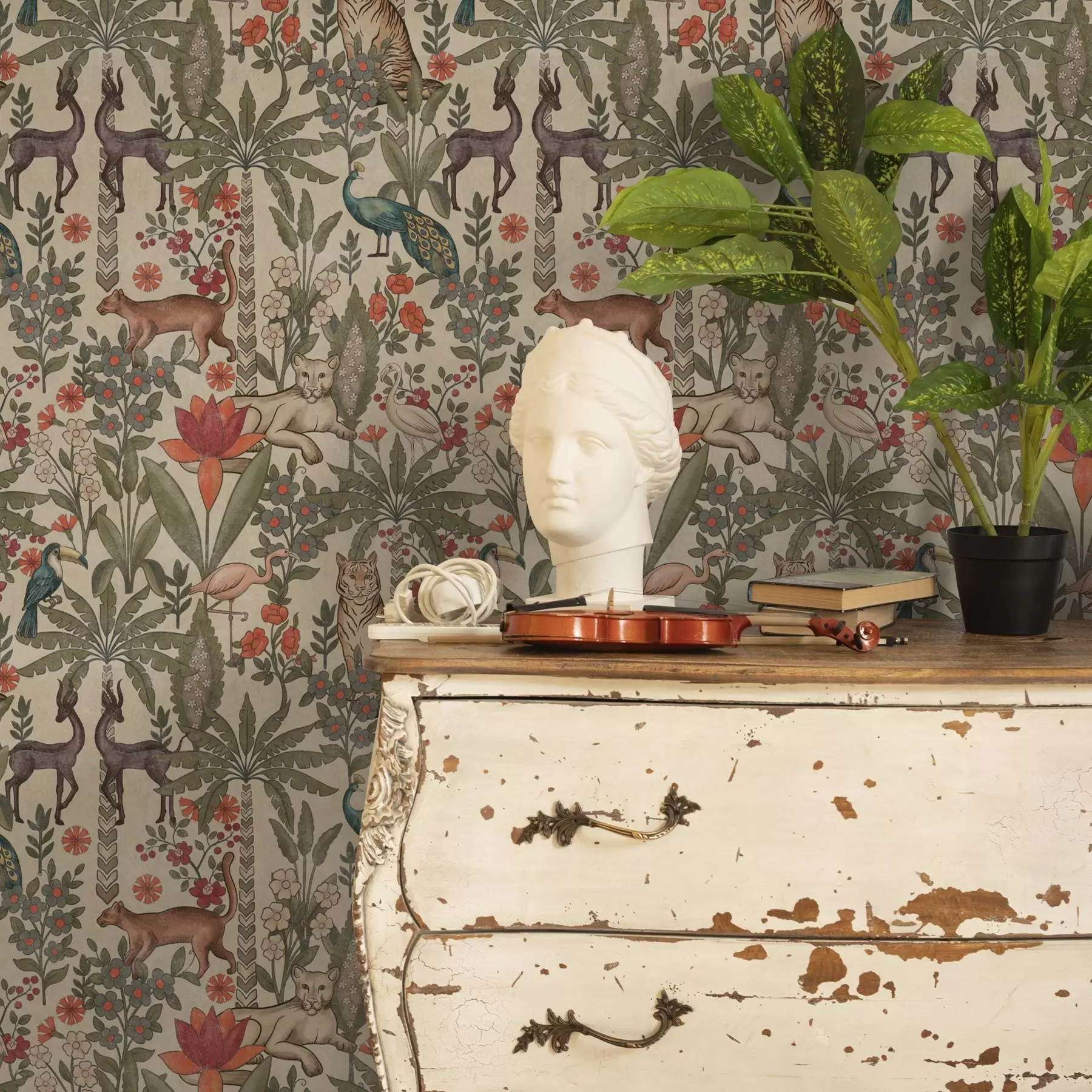 Fototapet Retro stil: Djur och blommor på en vintagebakgrund a00431